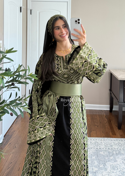 Black/Olive Green Zaytona Full Embroidered Thobe