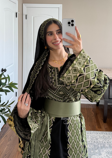 Black/Olive Green Zaytona Full Embroidered Thobe