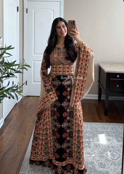 Black/ Brown Zohor And Manajel Full Embroidered Thobe