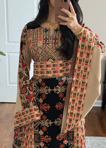 Black/ Brown Zohor And Manajel Full Embroidered Thobe