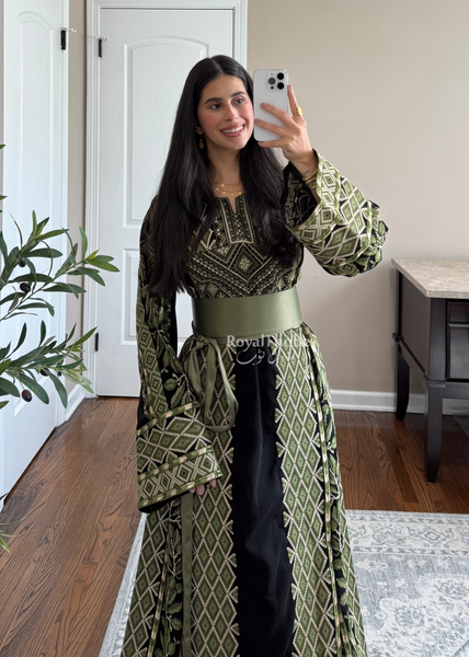 Black/Olive Green Zaytona Full Embroidered Thobe