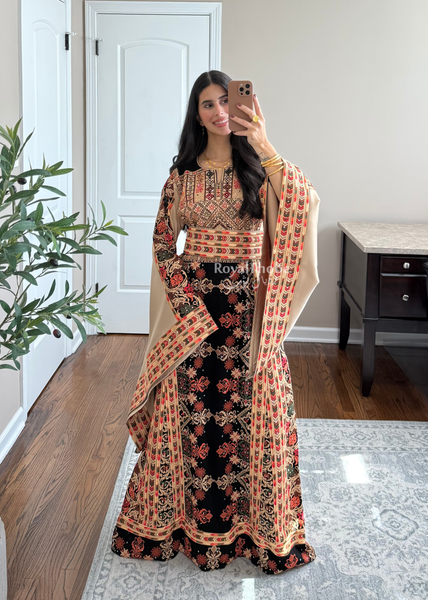 Black/ Brown Zohor And Manajel Full Embroidered Thobe