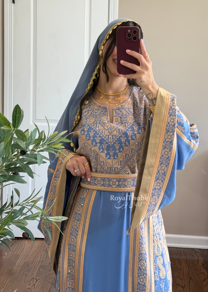 Blue /Gold Flower Malekah Full Embroidered Thobe