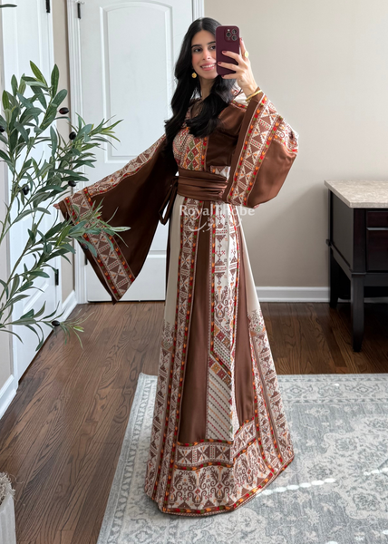 Beige/Brown Triangle Full Embroidered Thobe