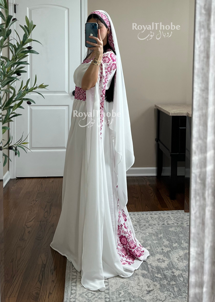 White/Pink Flower Simple Embroidered Dress With Long Open Sleeves