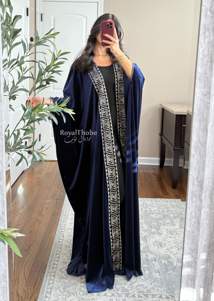 Navy Blue Velvet Kasab Gold Squares Bisht  -Free Size