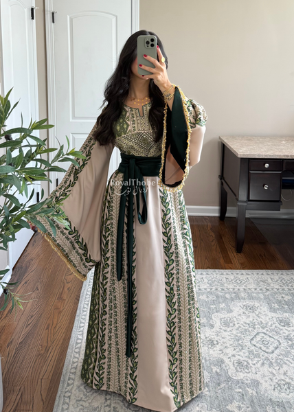 Beige/ Olive Green Zaytona Branches Full Embroidered Thobe With Fringe Sleeves