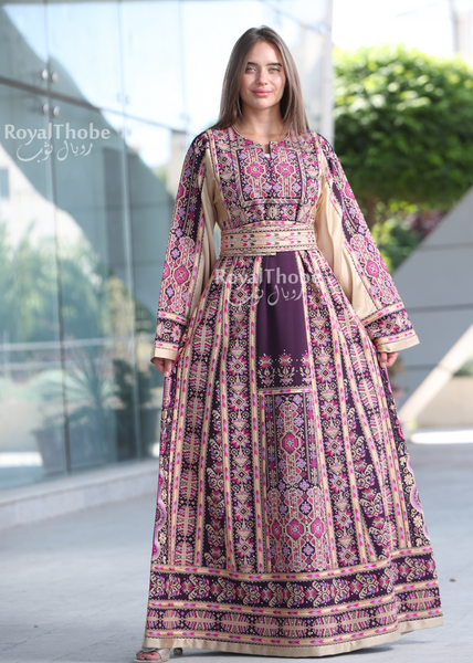 Purple/Beige Long Full Embroidered Thobe With Reversible Beige Satin Belt