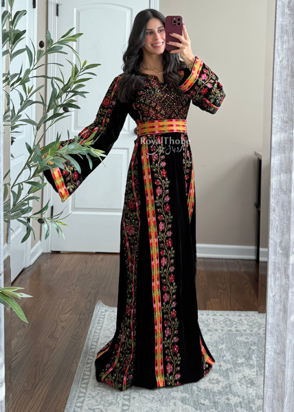 Velvet Black Floral Manajel Long Fully Embroidered Thobe