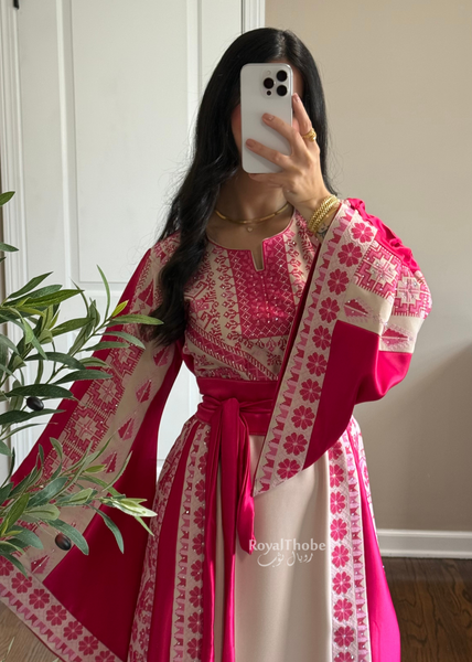 Beige/Pink Floral Long Full Embroidered Thobe
