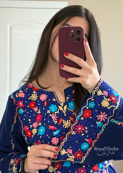 Royal Blue Elegant Floral Full Embroidered Thobe