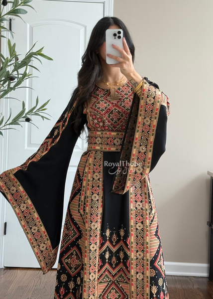 Black//Gold Dimond Long Full Embroidered Linen Fabric Thobe