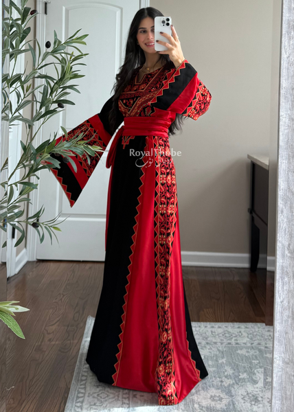 Black/Red Classic Simple Satin Long Full Embroidered Thobe
