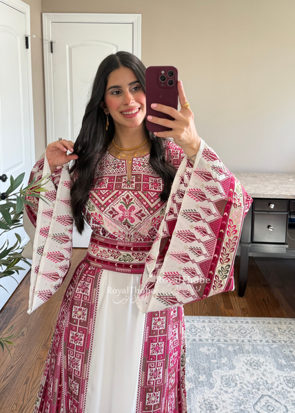 White/ Pinkish Maroon Simple Full Embroidered Thobe