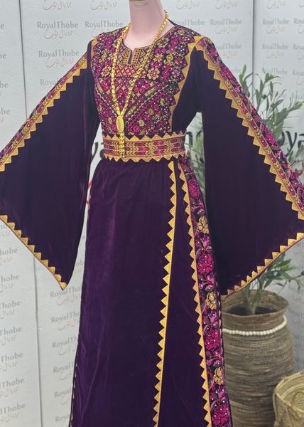 Velvet Dark Burgundy/ Purple Simple Floral Long Embroidered Thobe/Dress