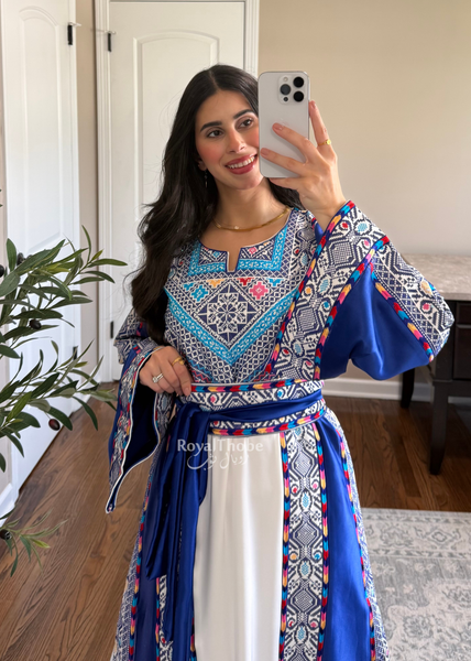 White/ Blue Satin Classic Full Embroidered Thobe