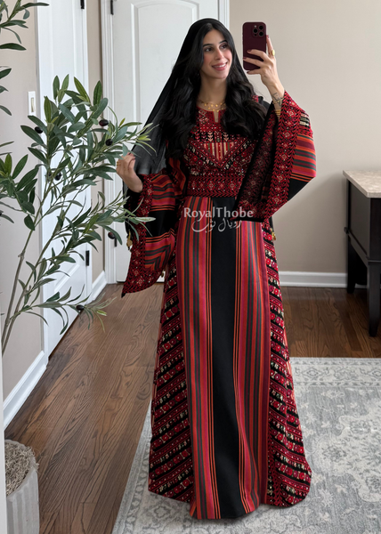 Black/Red Majdlawe Long Full Embroidered Thobe