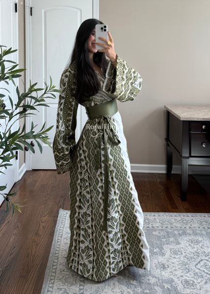 White/ Olive Green Zaytona Full Embroidered Thobe