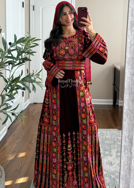 Velvet Burgundy Maleka Floral Long Fully Embroidered Thobe
