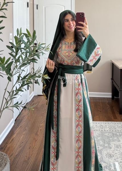 Beige/Olive Green Simple Full Embroidered Thobe