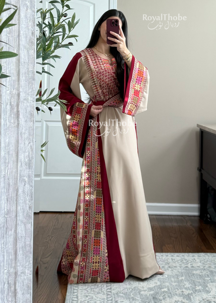 Dark Beige/Burgundy Elegant Full Embroidered Thobe With Revisable Belt