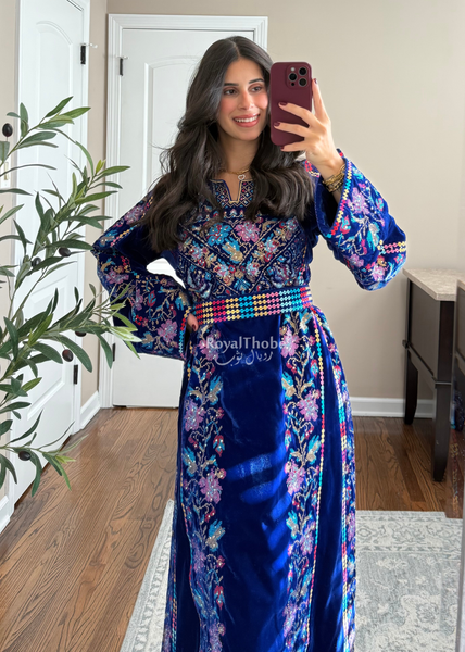 Velvet Royal Blue Floral Long Fully Embroidered Thobe