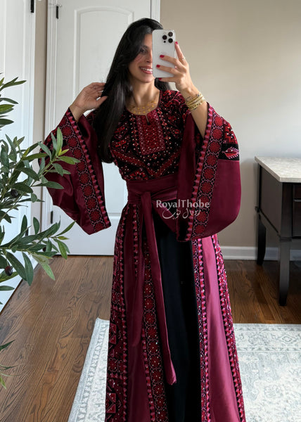 Black/Burgundy Long Full Embroidered Thobe