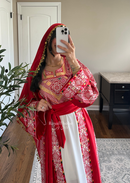 White/ Red Satin Classic Full Embroidered Thobe