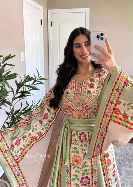 Beige/Sage Floral Long Full Embroidered Thobe