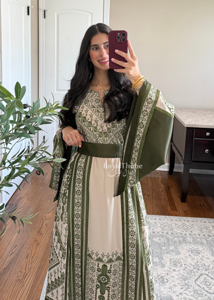 Beige/ Olive Green Malekah Full Embroidered Thobe