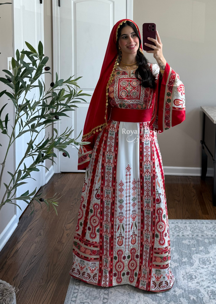 White/ Red Satin Maleka Kasab Full Embroidered Thobe