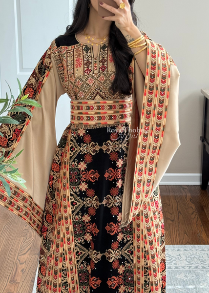 Black/ Brown Zohor And Manajel Full Embroidered Thobe