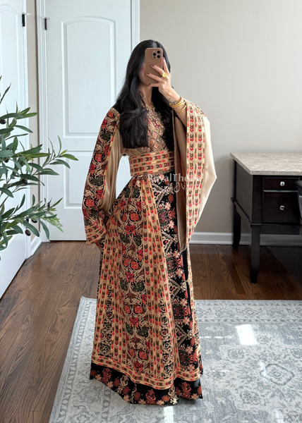 Black/ Brown Zohor And Manajel Full Embroidered Thobe