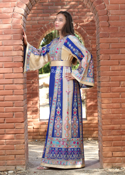 Royal Blue/Beige Malak Long Full Embroidered Thobe With Reversible Beige Satin Belt