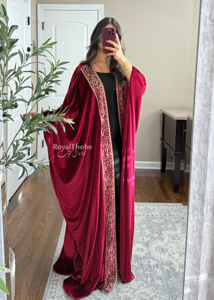 Burgundy Velvet Arabic Letter Bisht -Free Size