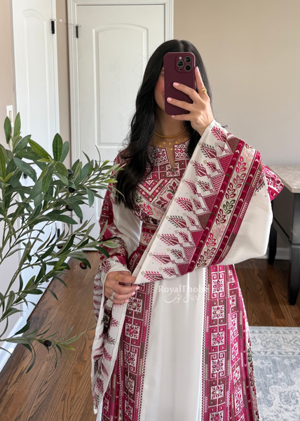 White/ Pinkish Maroon Simple Full Embroidered Thobe