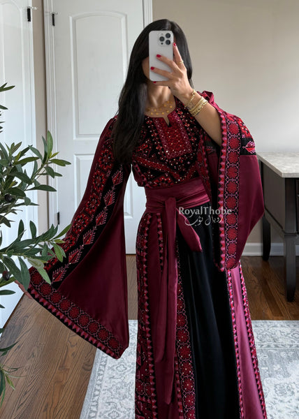 Black/Burgundy Long Full Embroidered Thobe