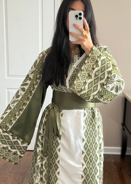 White/ Olive Green Zaytona Full Embroidered Thobe