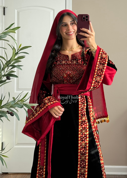 Velvet Black/Burgundy Simple Long Fully embroidered Thobe