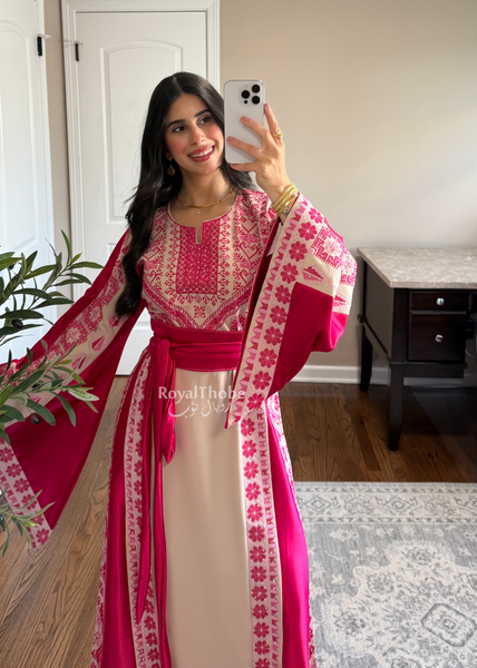 Beige/Pink Floral Long Full Embroidered Thobe