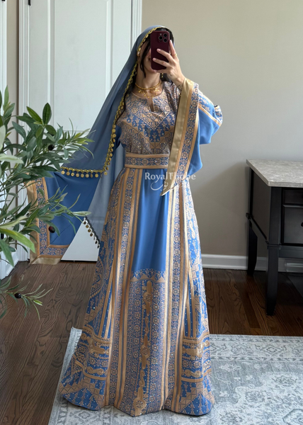Blue /Gold Flower Malekah Full Embroidered Thobe