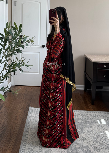 Black/Red Majdlawe Long Full Embroidered Thobe
