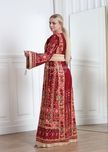 Burgundy Malak Kasab Full Embroidered Thobe With Reversible Beige Suede Belt