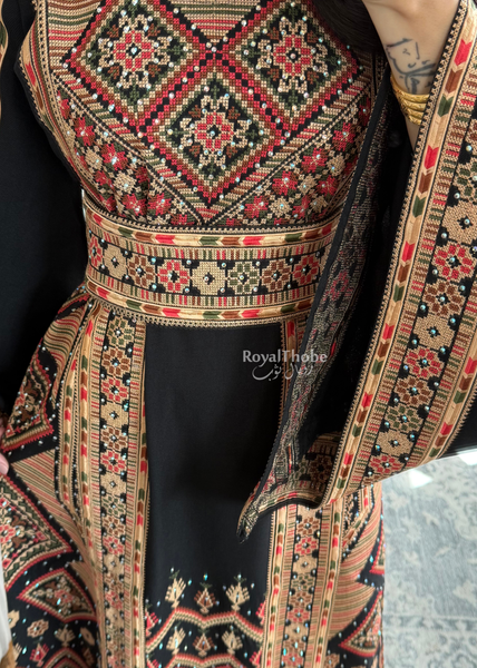 Black//Gold Dimond Long Full Embroidered Linen Fabric Thobe