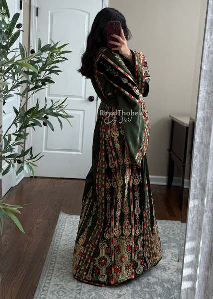 Olive Green Satin & Black Velvet Maleka Fully Embroidered Thobe