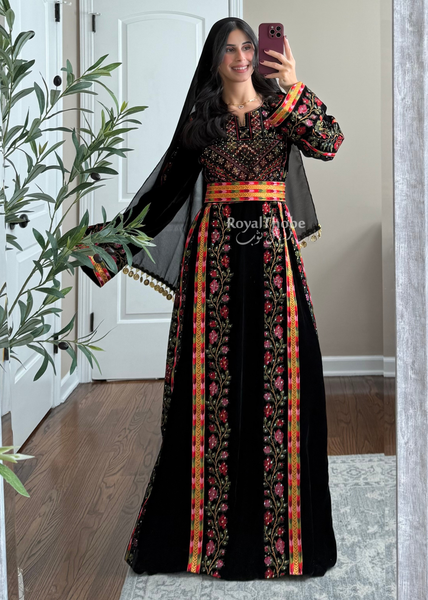 Velvet Black Floral Manajel Long Fully Embroidered Thobe