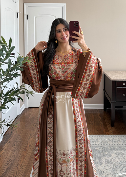 Beige/Brown Triangle Full Embroidered Thobe