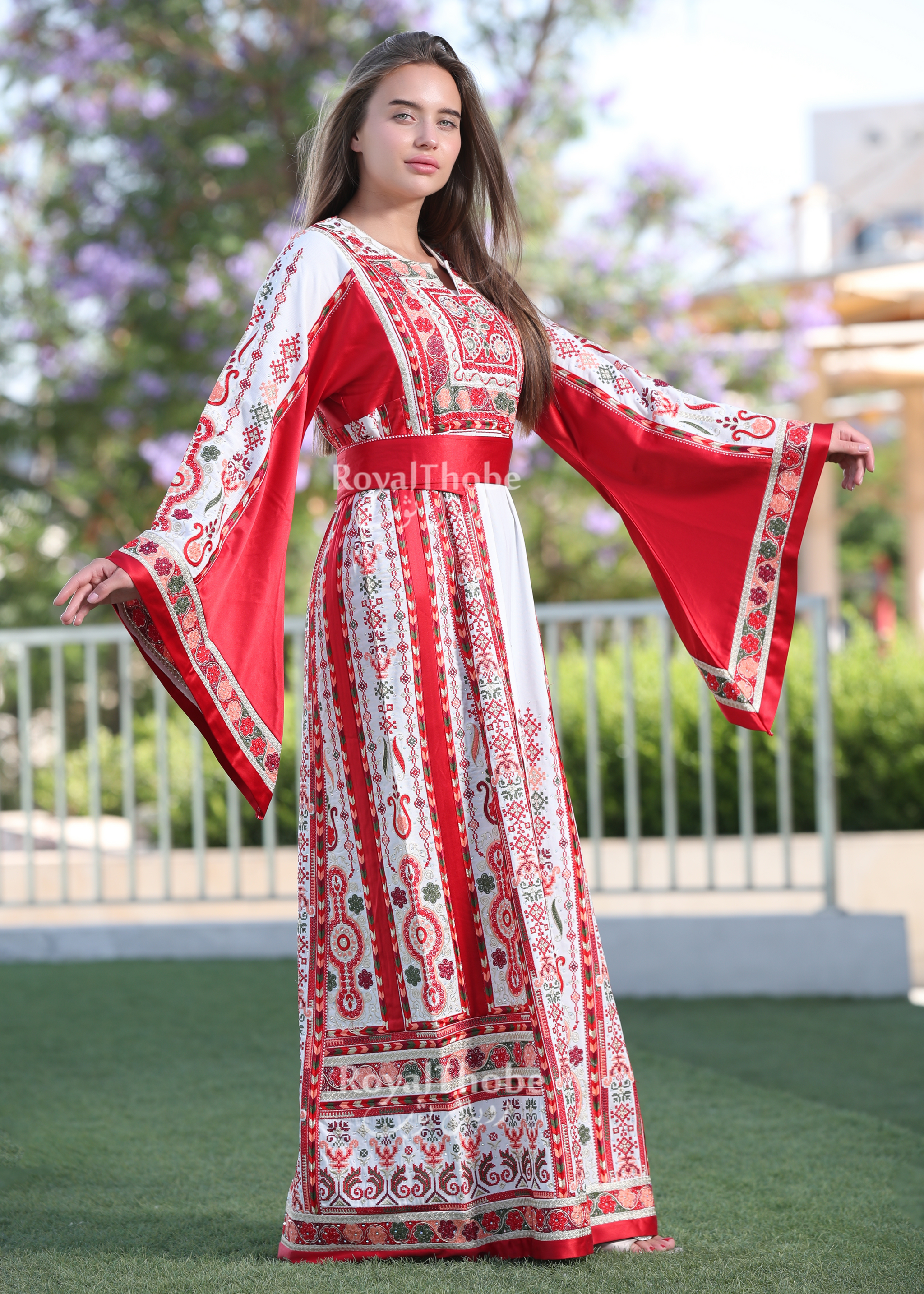 White/Red Flower Maleka Full Embroidered Thobe With Red Satin Reversib