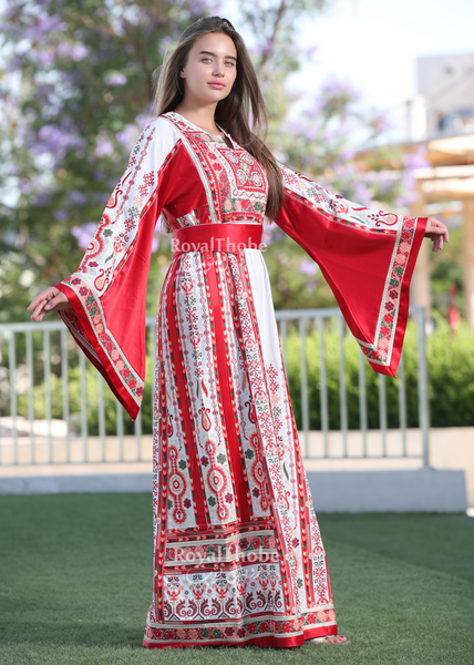 White/Red Flower Maleka Full Embroidered Thobe With Red Satin Reversible Belt