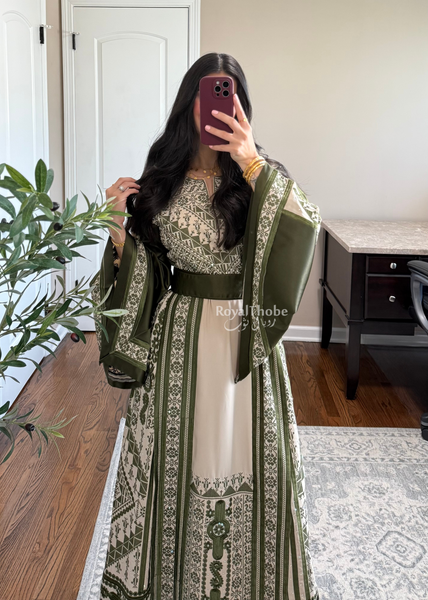 Beige/ Olive Green Malekah Full Embroidered Thobe